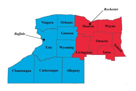 Map of Western New York highlighting counties serviced by Buffalo Materials Handling, with headquarters in Buffalo and Rochester
