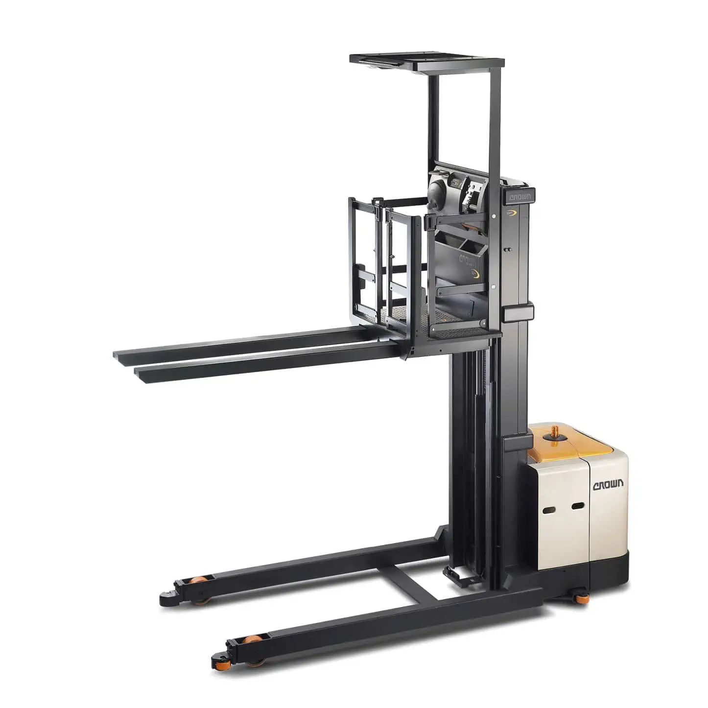 Crown high-level order picker designed for efficient warehouse inventory management and picking operations