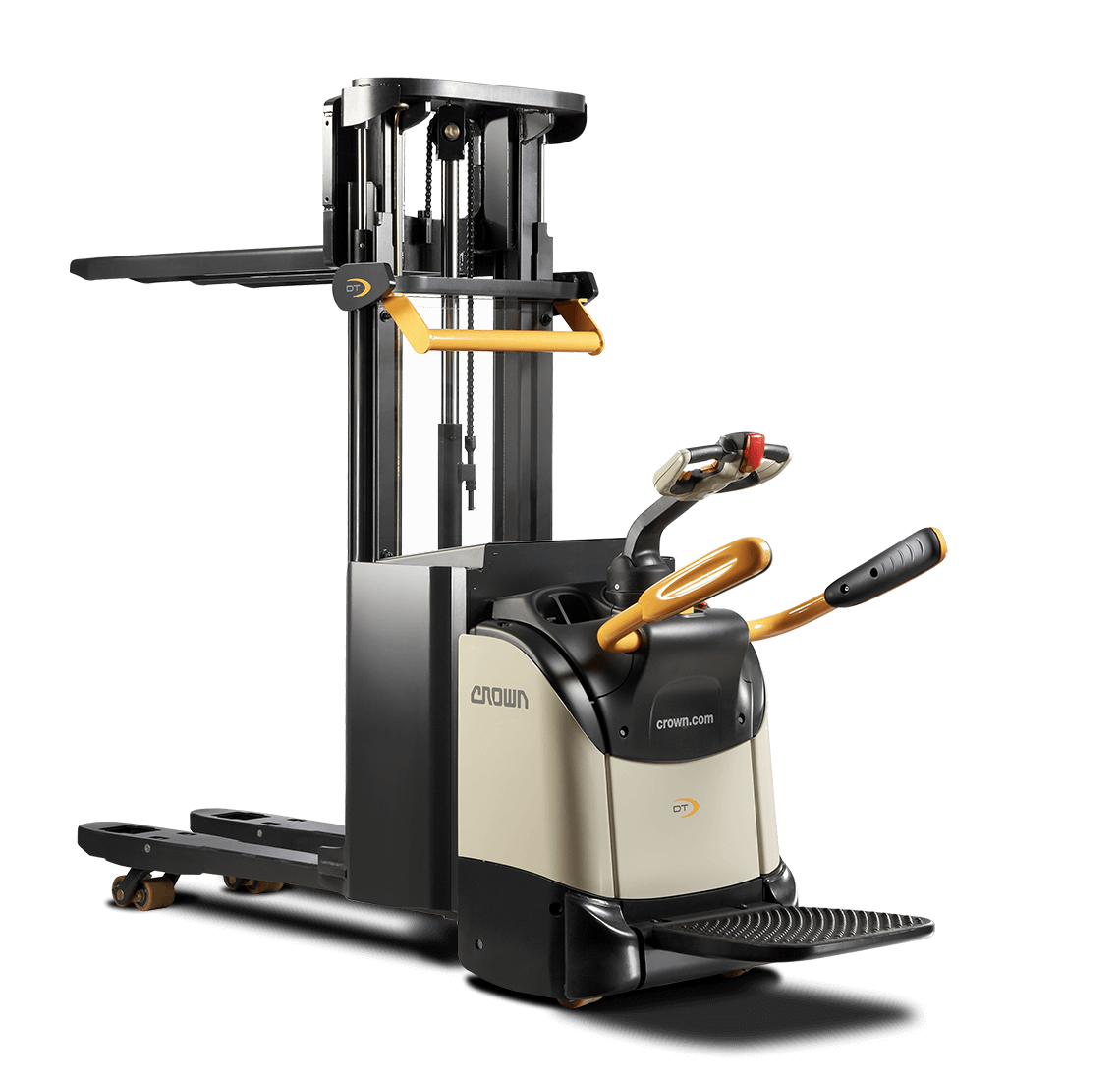 Crown electric pallet stacker with ergonomic controls and high-lift capability for warehouse material handling