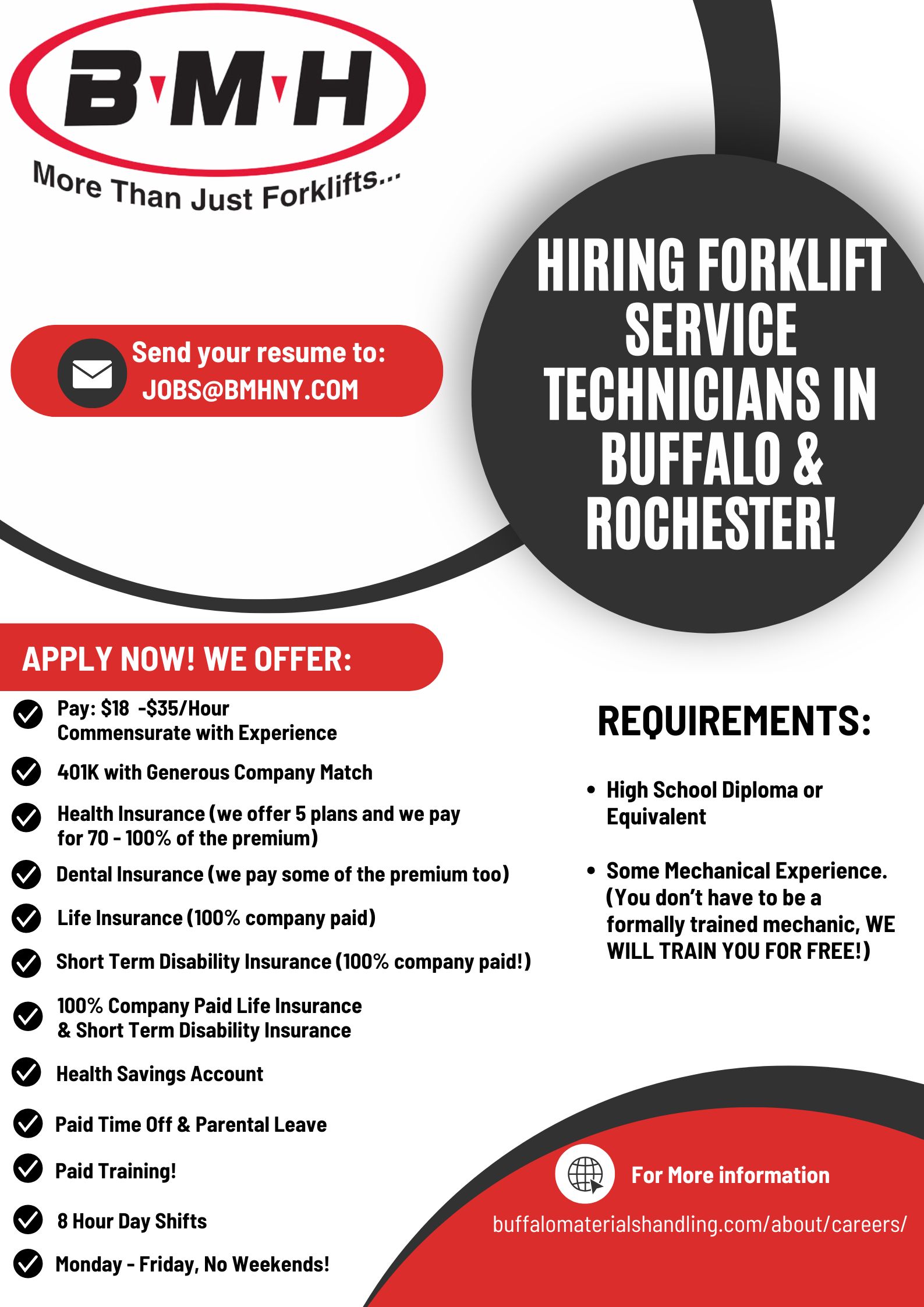 BMH Forklift Service Technician Job Hiring Flyer for Buffalo and Rochester